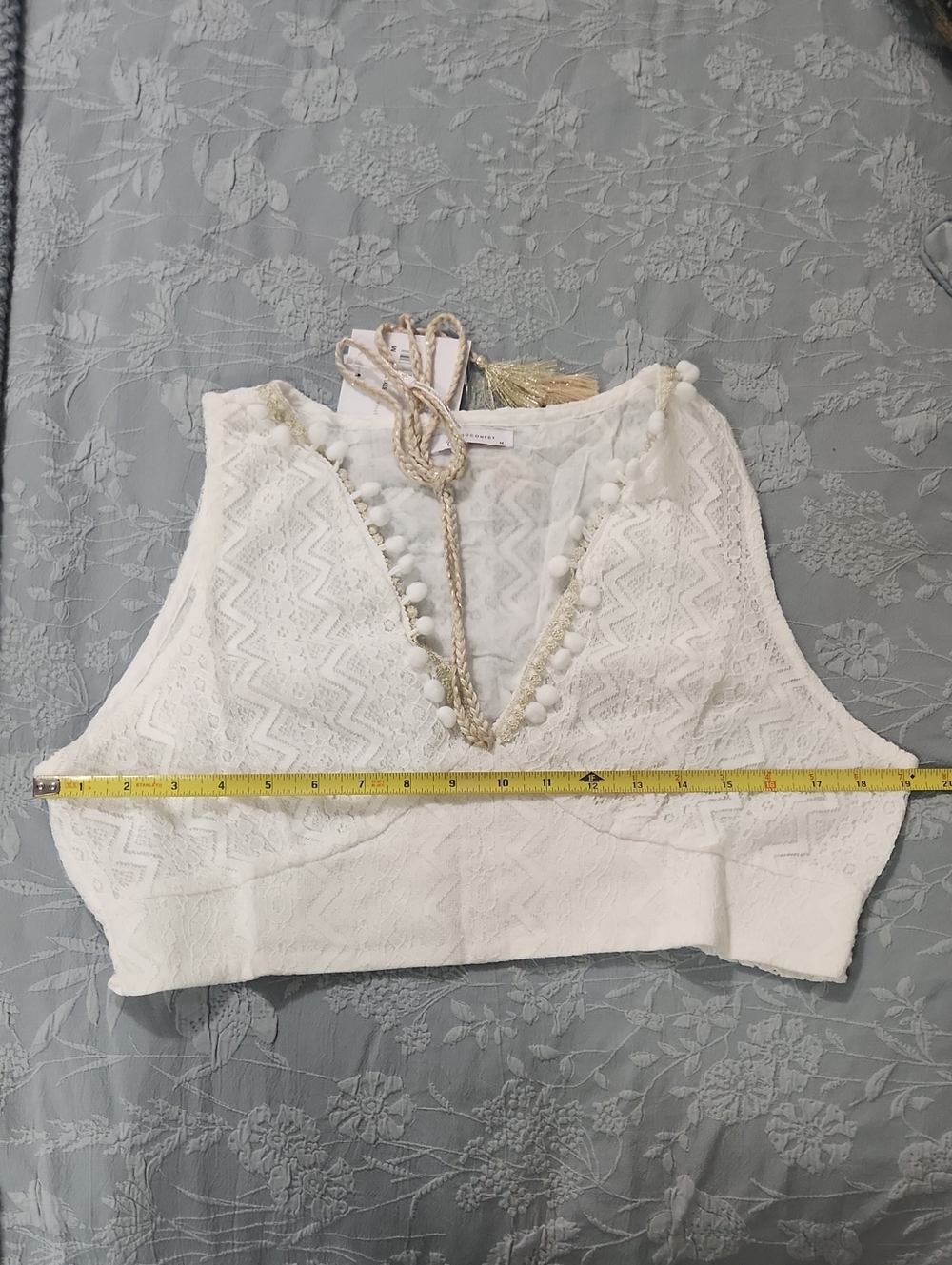 White Crochet V-Neck Crop Top with Tassel Tie - Picture 9 of 10